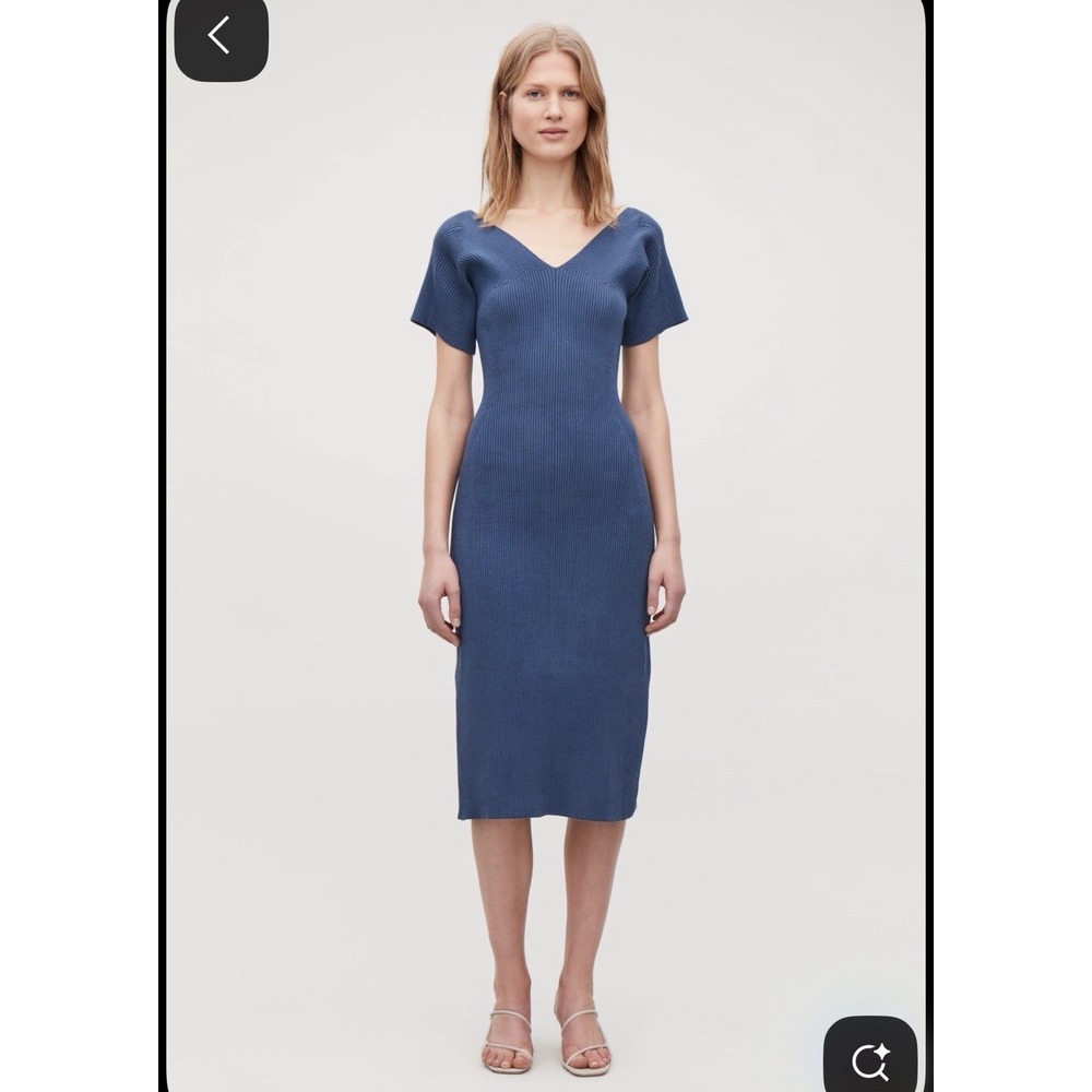 Cos Women's Ribbed Knit‎ Midi Dress Dusty Blue Sz S Bodycon Minimalist Stretch